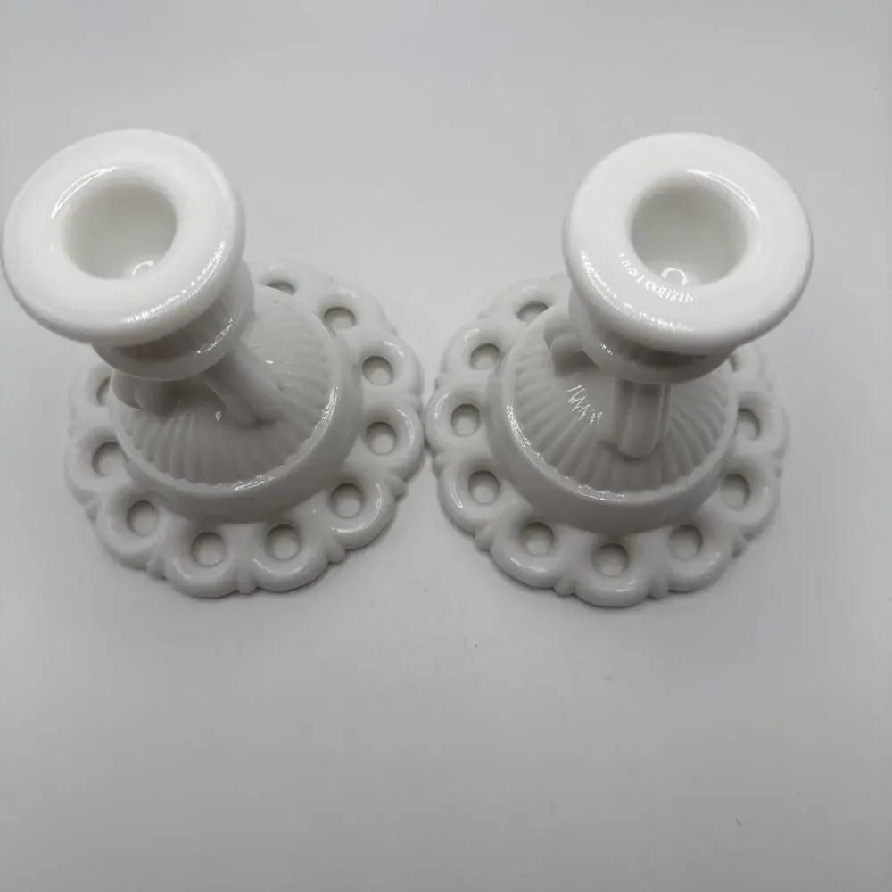 Vtg 50s Westmoreland Milk Glass Open Candlesticks Lace Doric Coquette Pair MCM